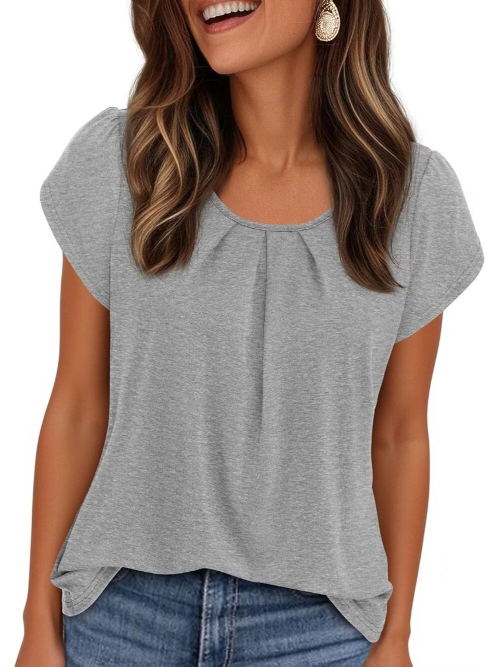 Women's Grey Short Sleeve Pull On Crew Neck Casual Tops Imported T Shirts